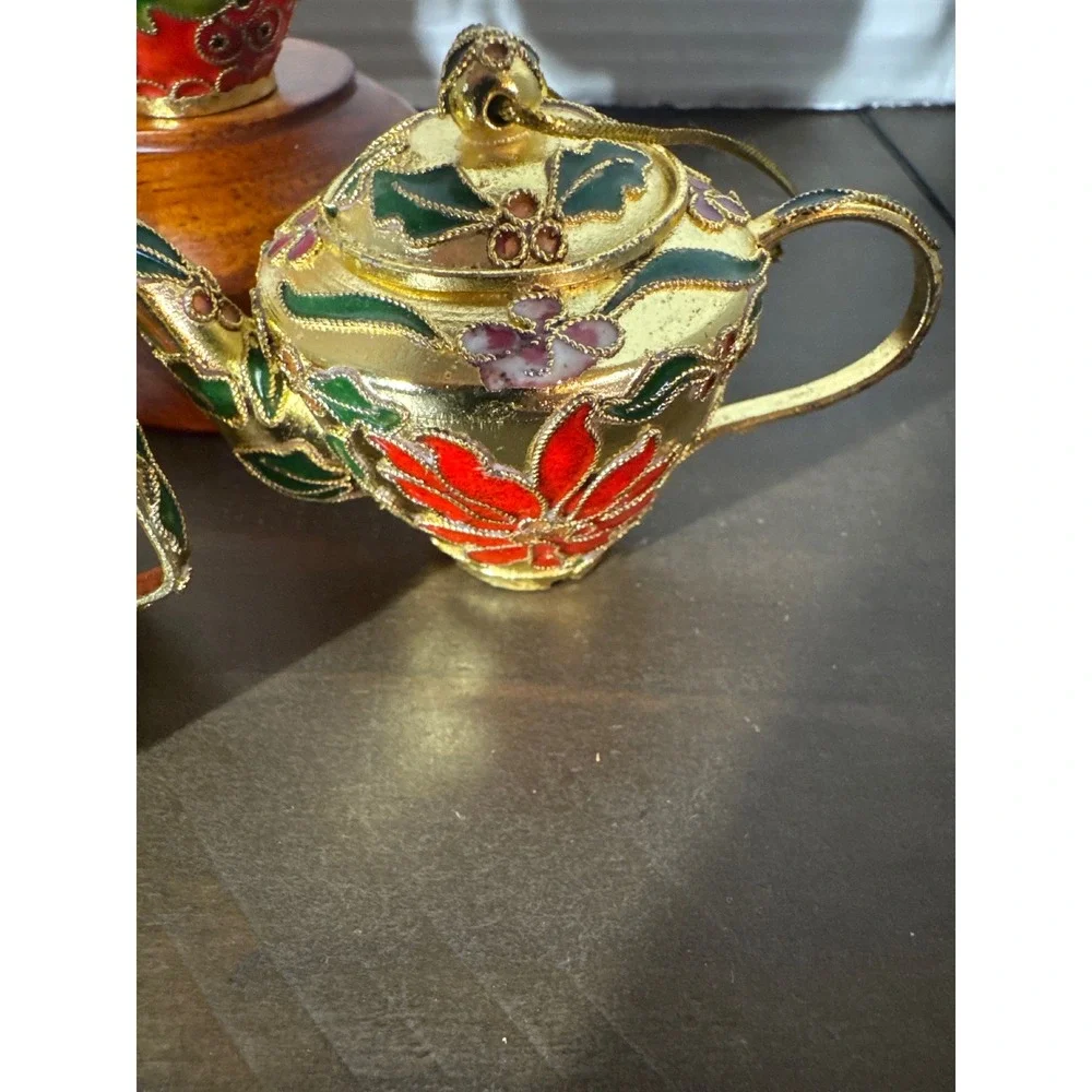 Cloisonne Enamel Teapot Christmas Ornaments Gold Poinsettia Holly Floral Set-5